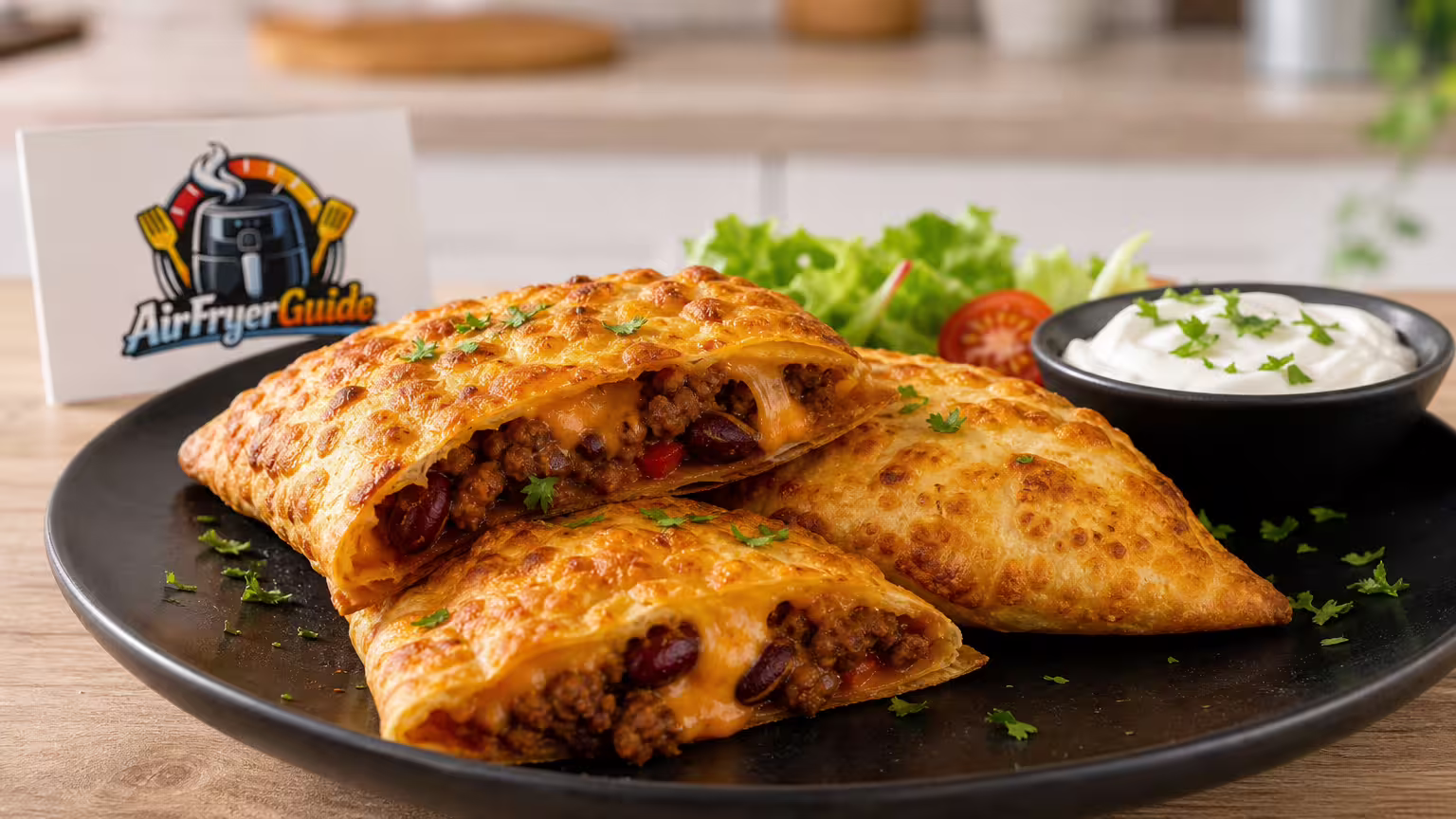 Chili-Cheese-Taschen aufwärmen im Airfryer - Serviervorschlag