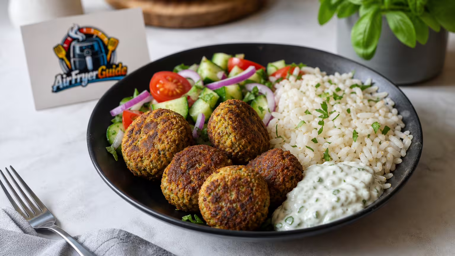 Falafel Reis Bowl im Airfryer - Serviervorschlag