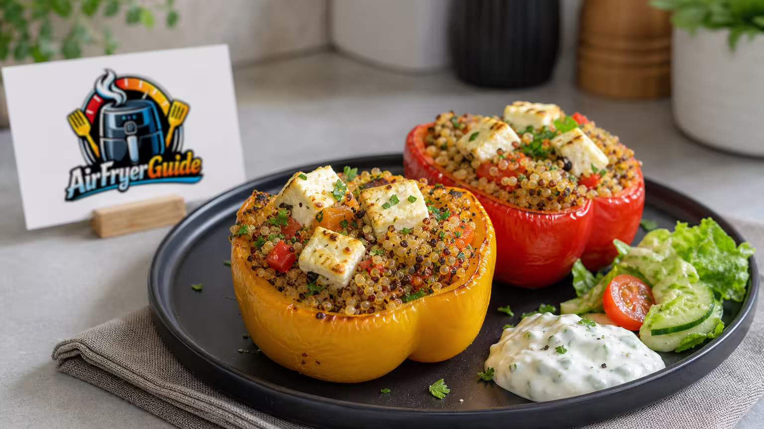 Gefüllte Paprika mit Quinoa und Feta im Airfryer - Serviervorschlag