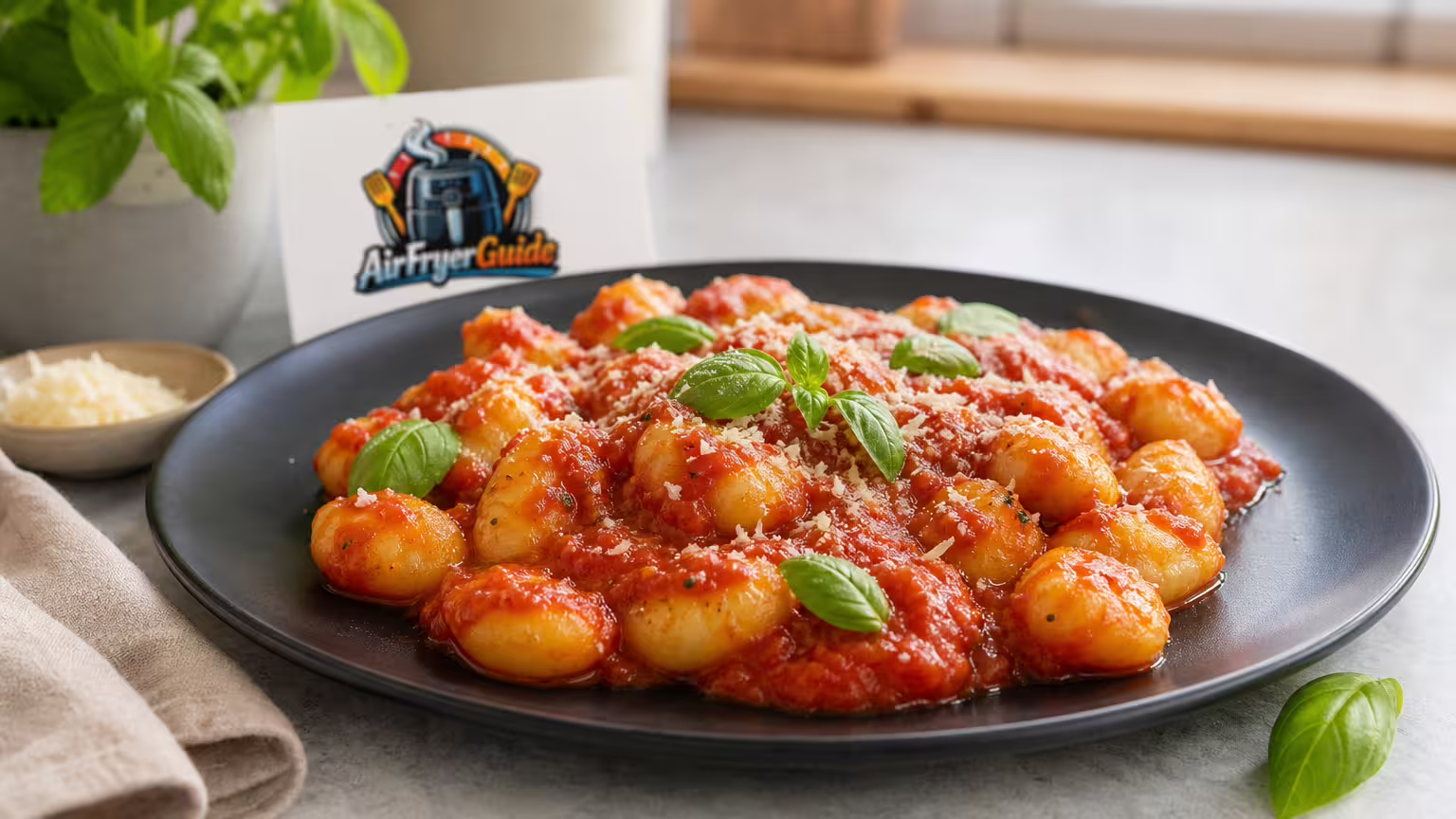 Gnocchi mit Tomatensoße im Airfryer - Serviervorschlag