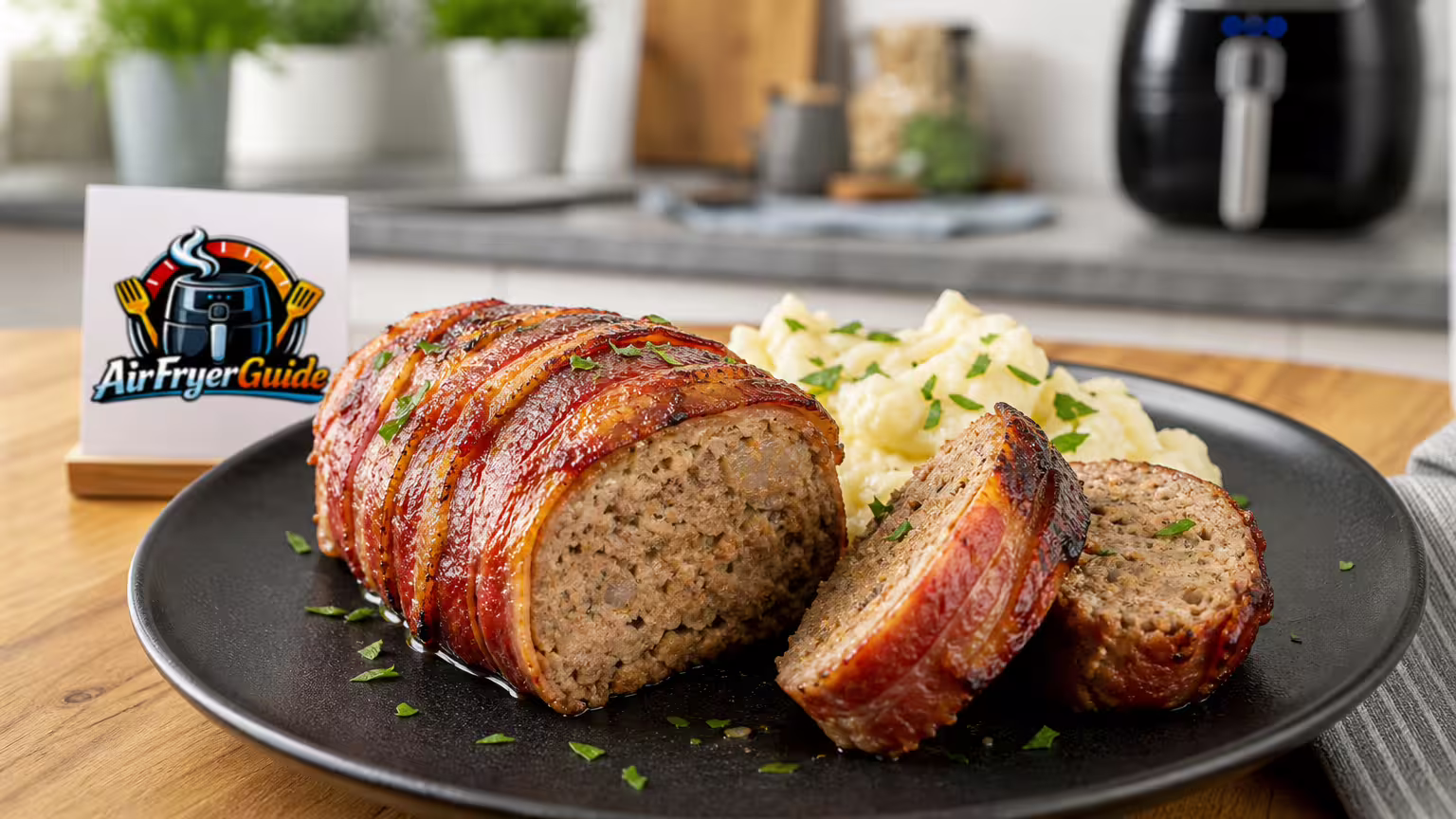Hackbraten im Speckmantel im Airfryer - Serviervorschlag