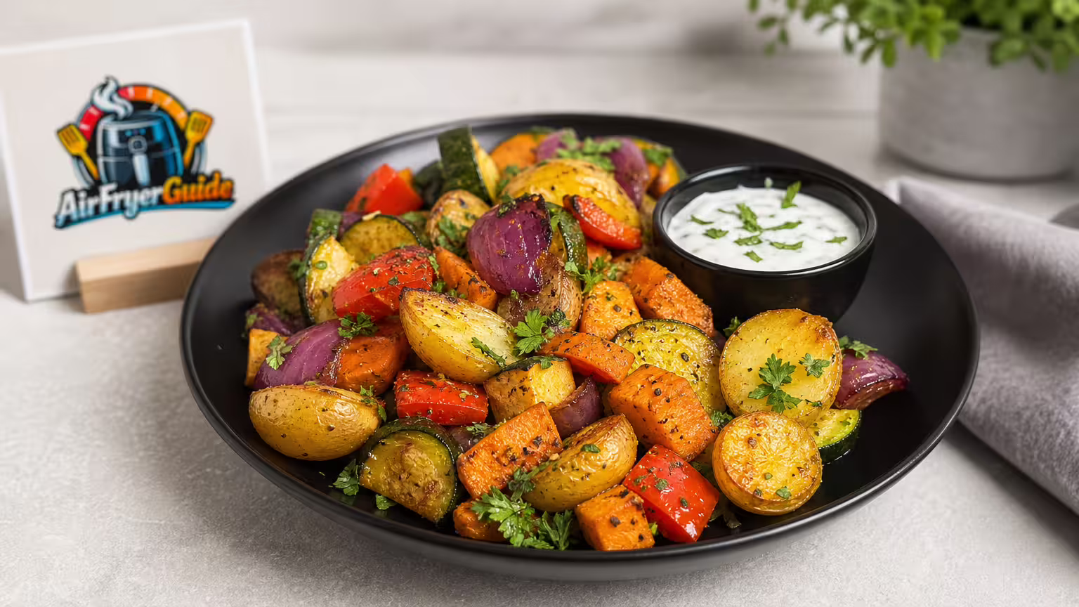 Kartoffel Gemüse Bowl im Airfryer - Serviervorschlag