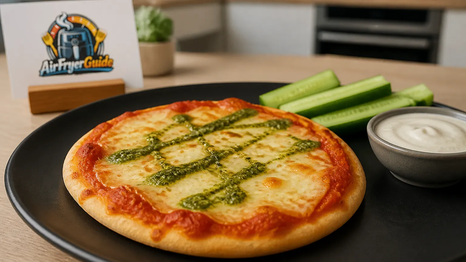 Kinder-Pizza Margherita mit grüner Soße (TK) im Airfryer