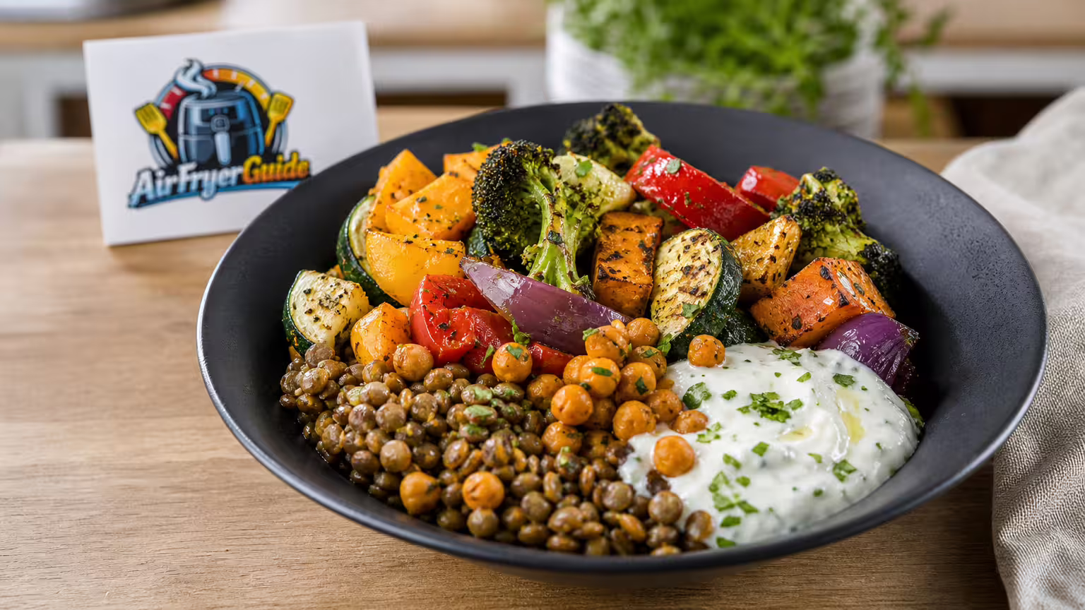 Linsen-Gemüse-Bowl im Airfryer - Serviervorschlag