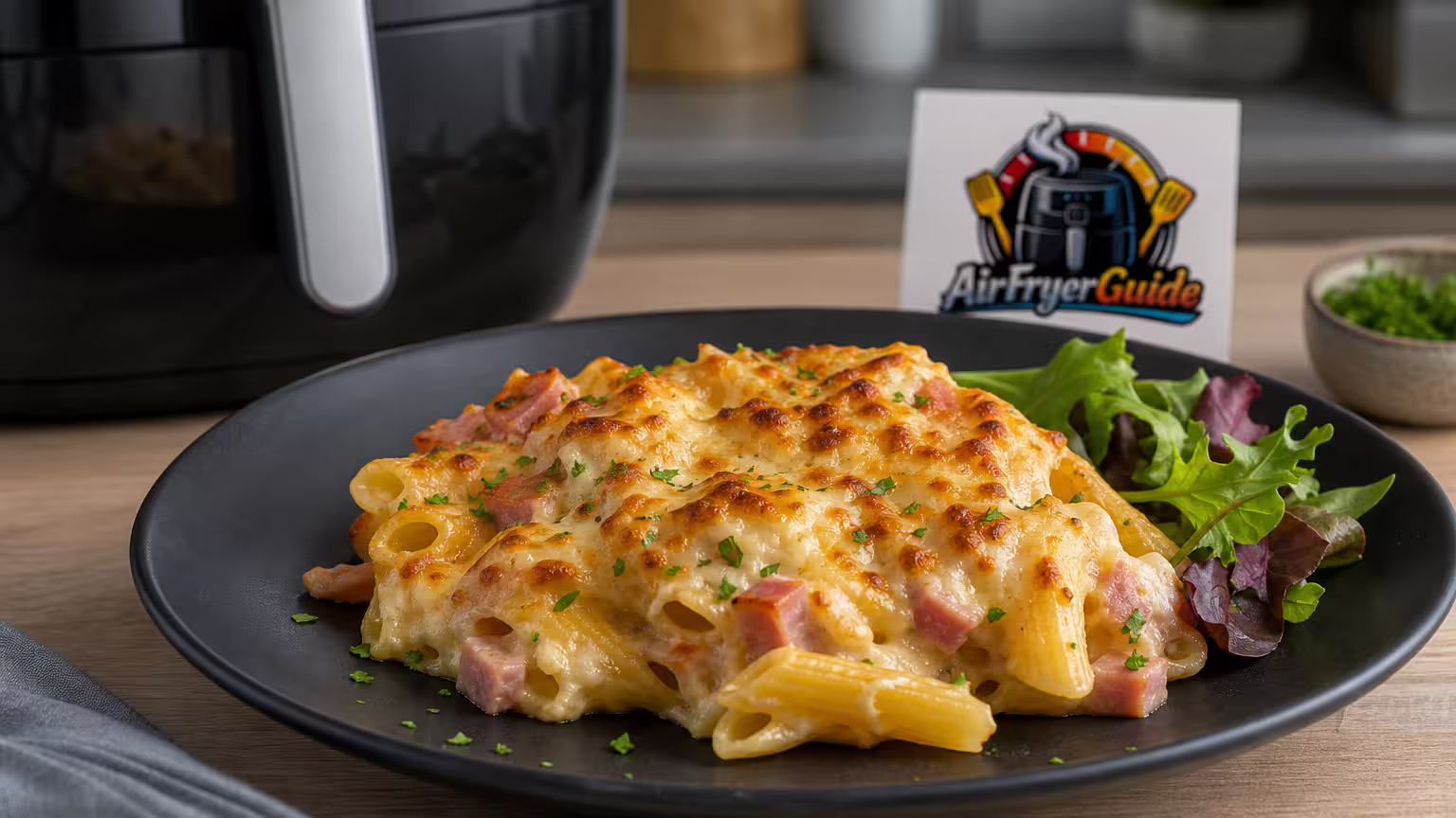 Nudel Schinken Gratin aufwärmen im Airfryer - Serviervorschlag