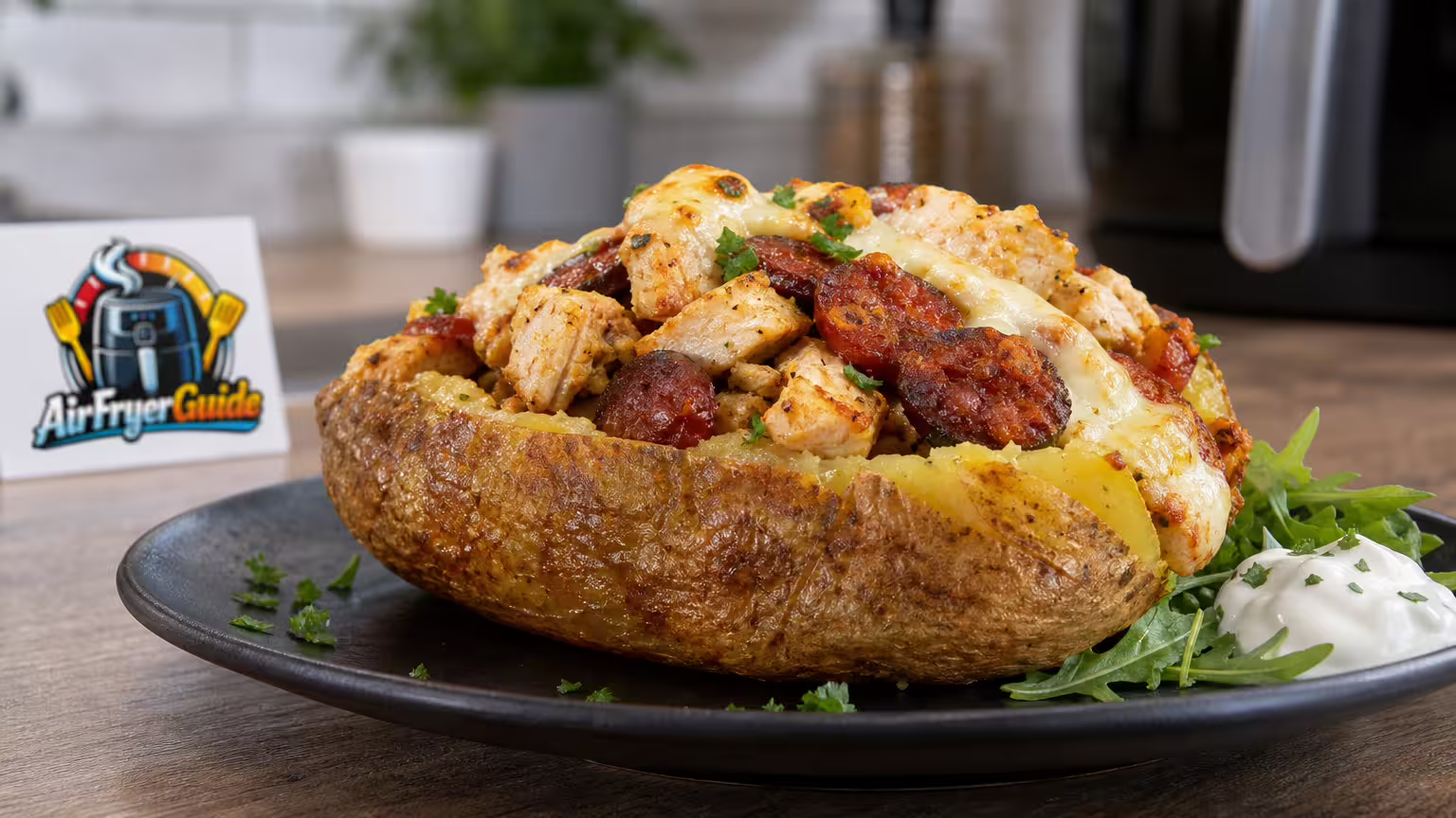 Ofenkartoffel mit Chorizo und Hähnchen im Airfryer - Serviervorschlag