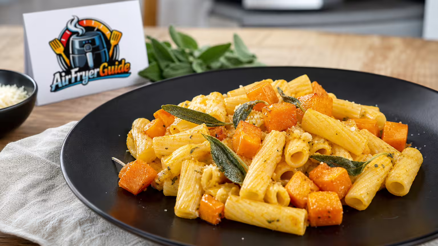 Pasta mit Kürbis und Salbei im Airfryer - Serviervorschlag