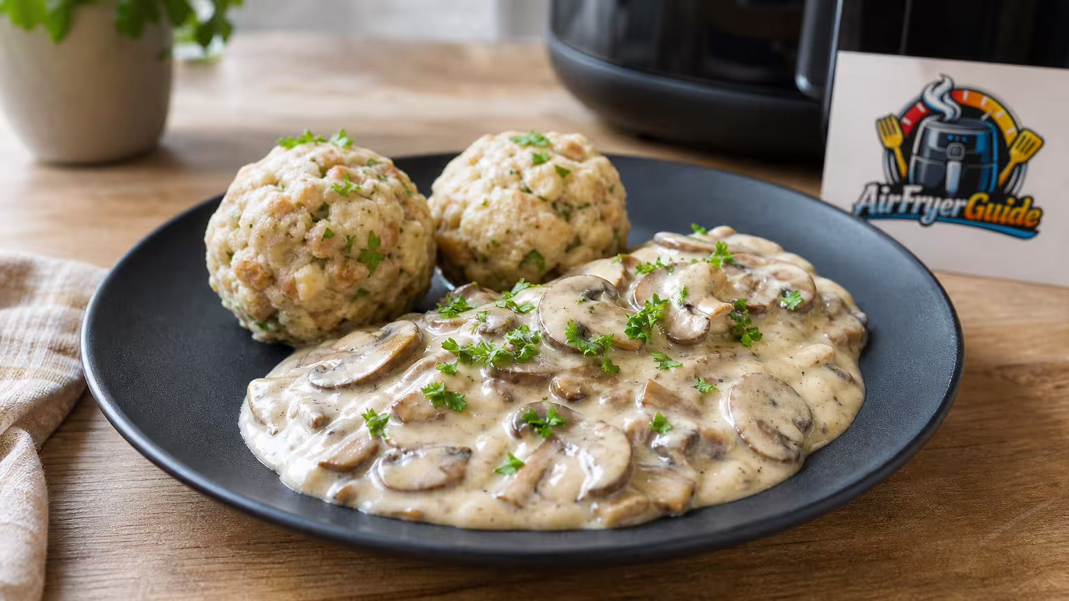 Pilzrahm mit Semmelknödeln im Airfryer - Serviervorschlag