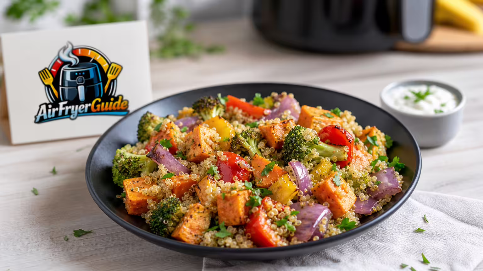Quinoa Gemüse Bowl im Airfryer - Serviervorschlag