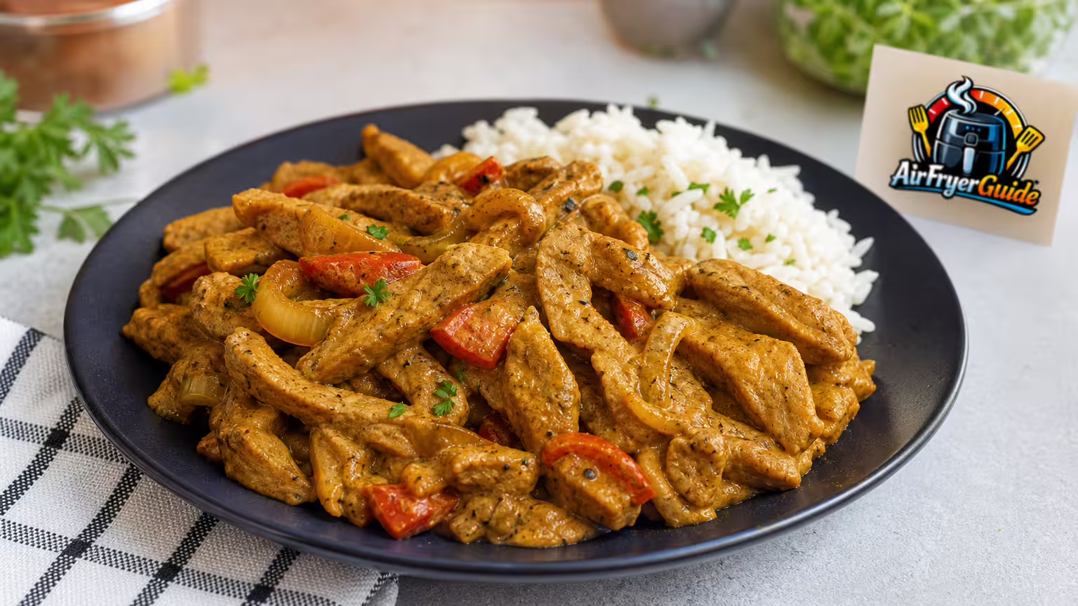 Seitan-Geschnetzeltes im Airfryer - Serviervorschlag