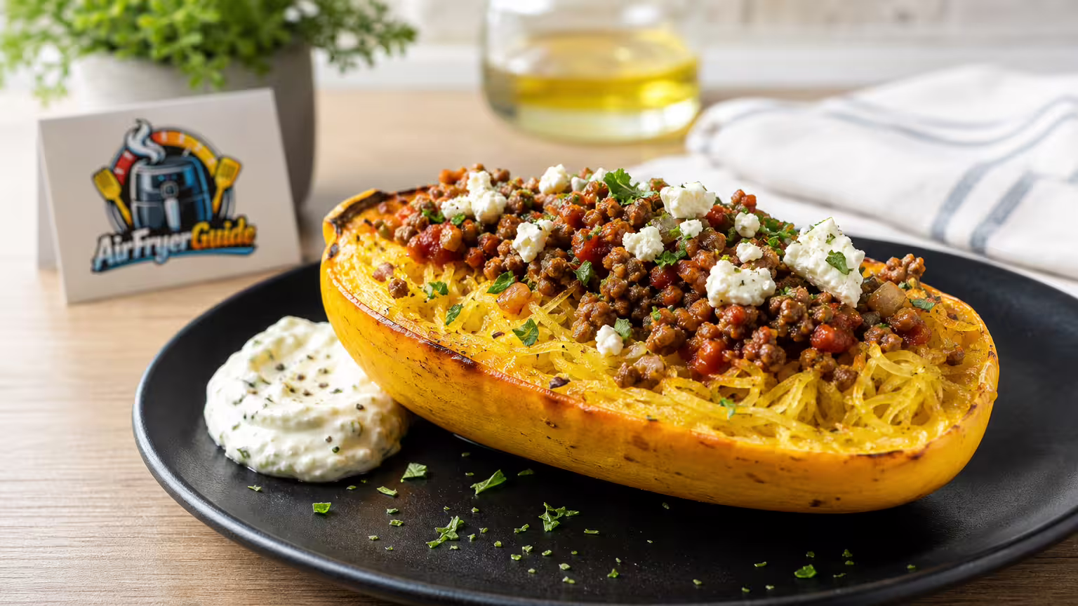 Spaghettikürbis mit Hackfleisch und Feta im Airfryer - Serviervorschlag