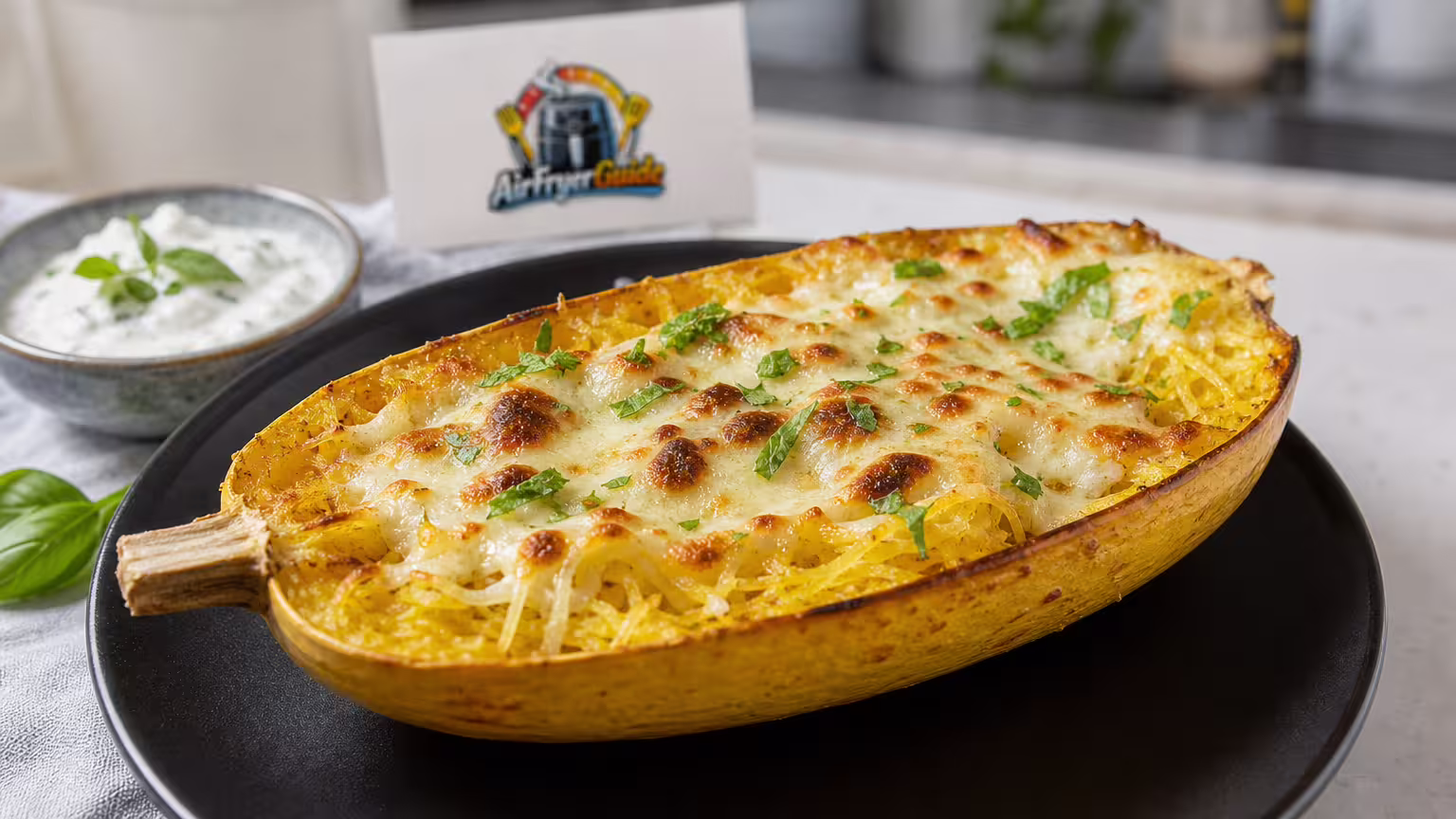 Spaghettikürbis mit Mozzarella überbacken im Airfryer - Serviervorschlag