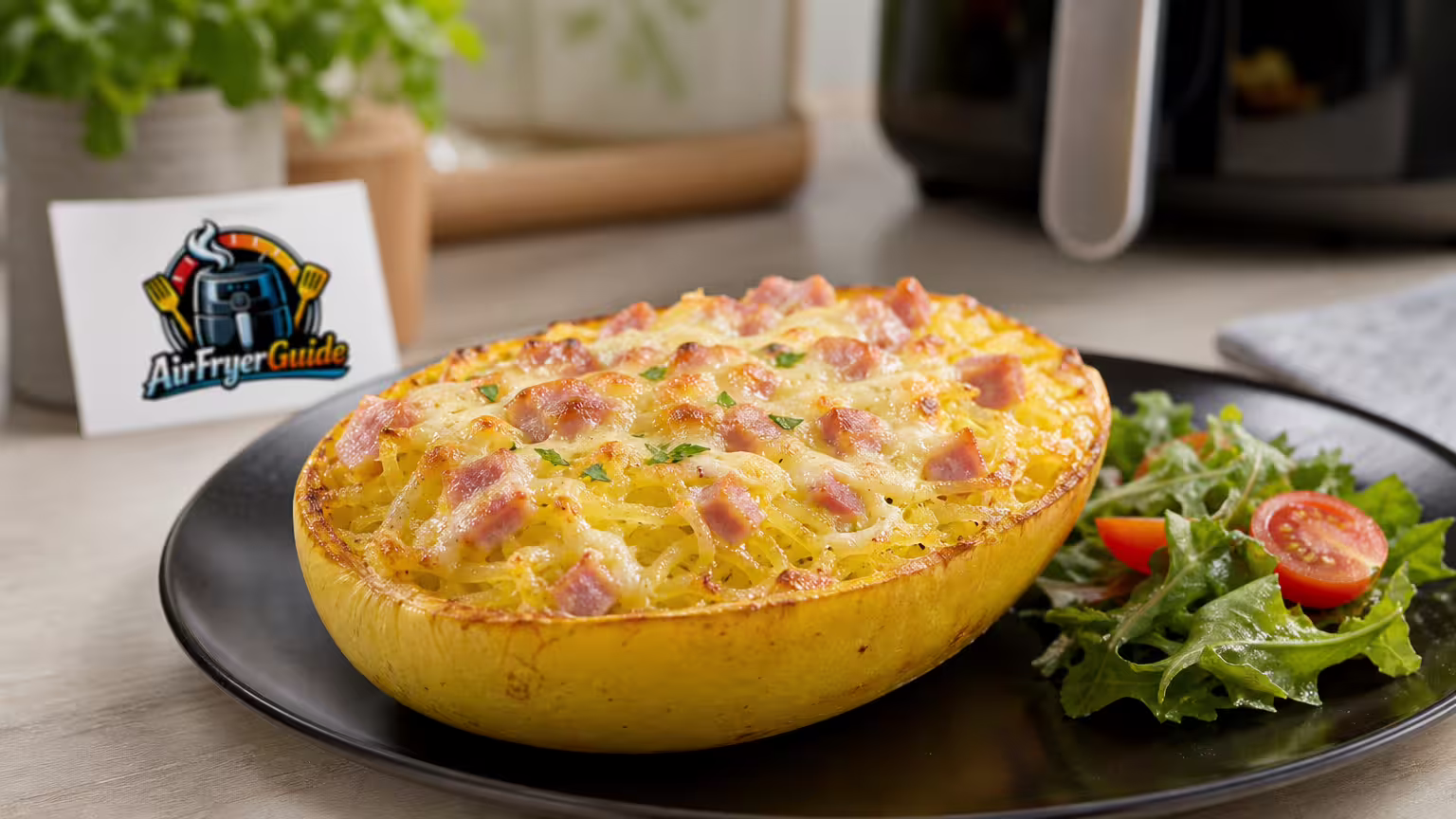 Spaghettikürbis mit Schinken und Käse im Airfryer - Serviervorschlag