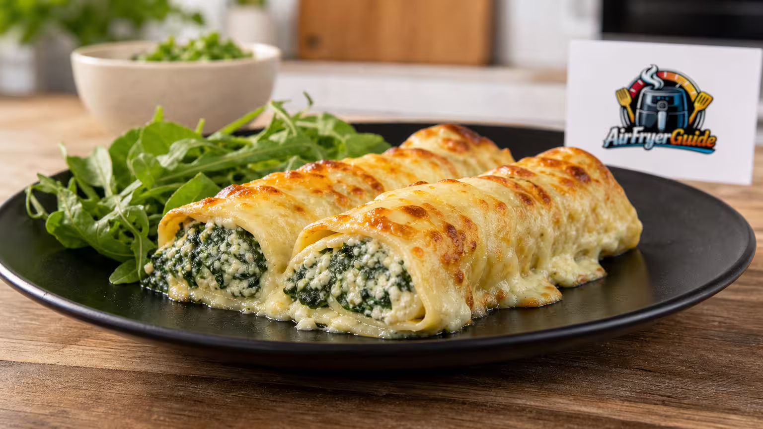 Spinat-Ricotta-Cannelloni im Airfryer - Serviervorschlag