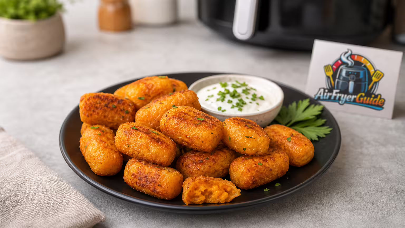 Süßkartoffel Kroketten im Airfryer - Serviervorschlag