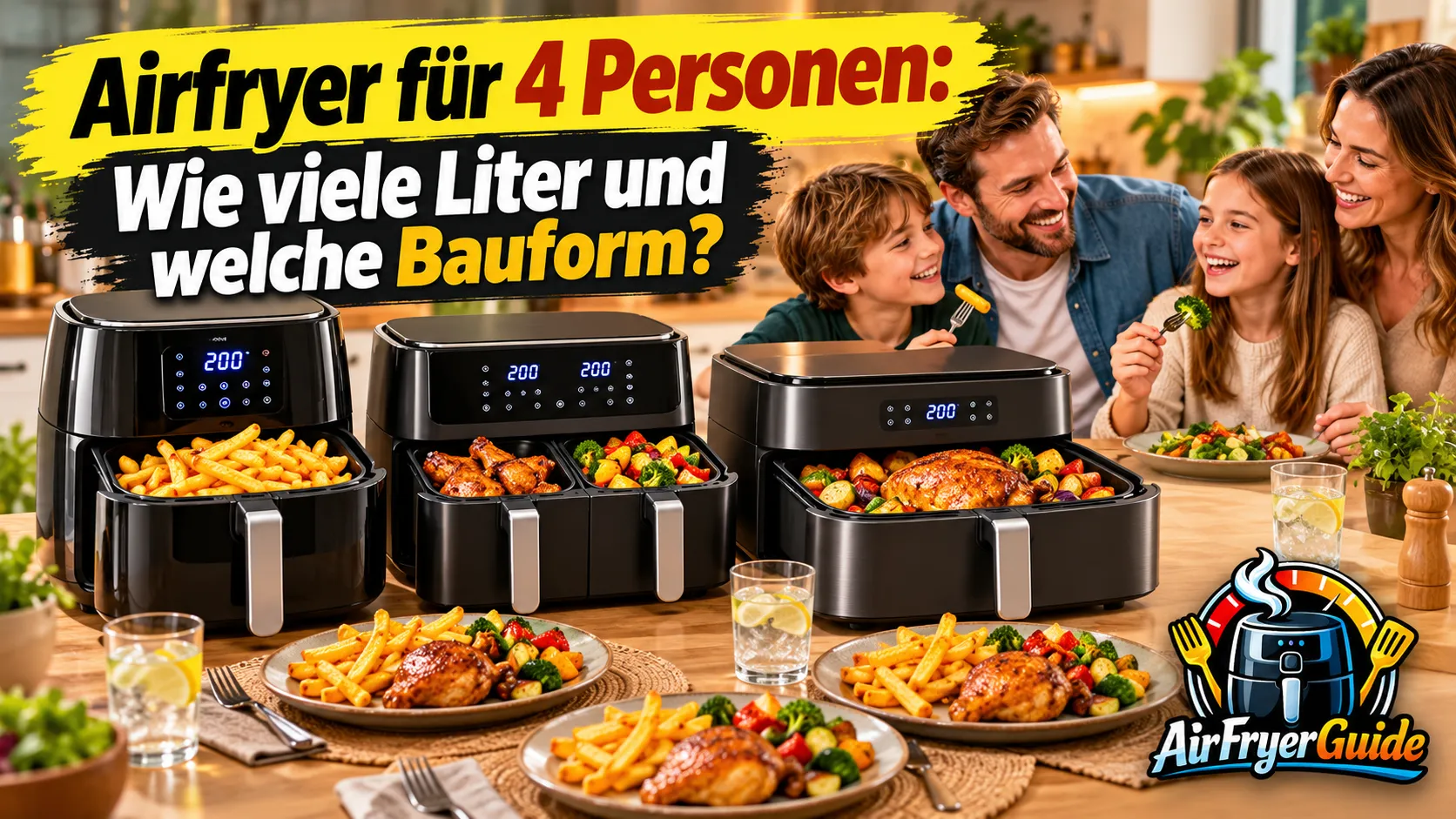 Gemeinsam genießen mit dem richtigen Airfryer für vier Personen. Eine Familie entdeckt verschiedene Korbgrößen und Bauformen für knusprige Pommes, saftiges Hähnchen und leckere Familiengerichte.