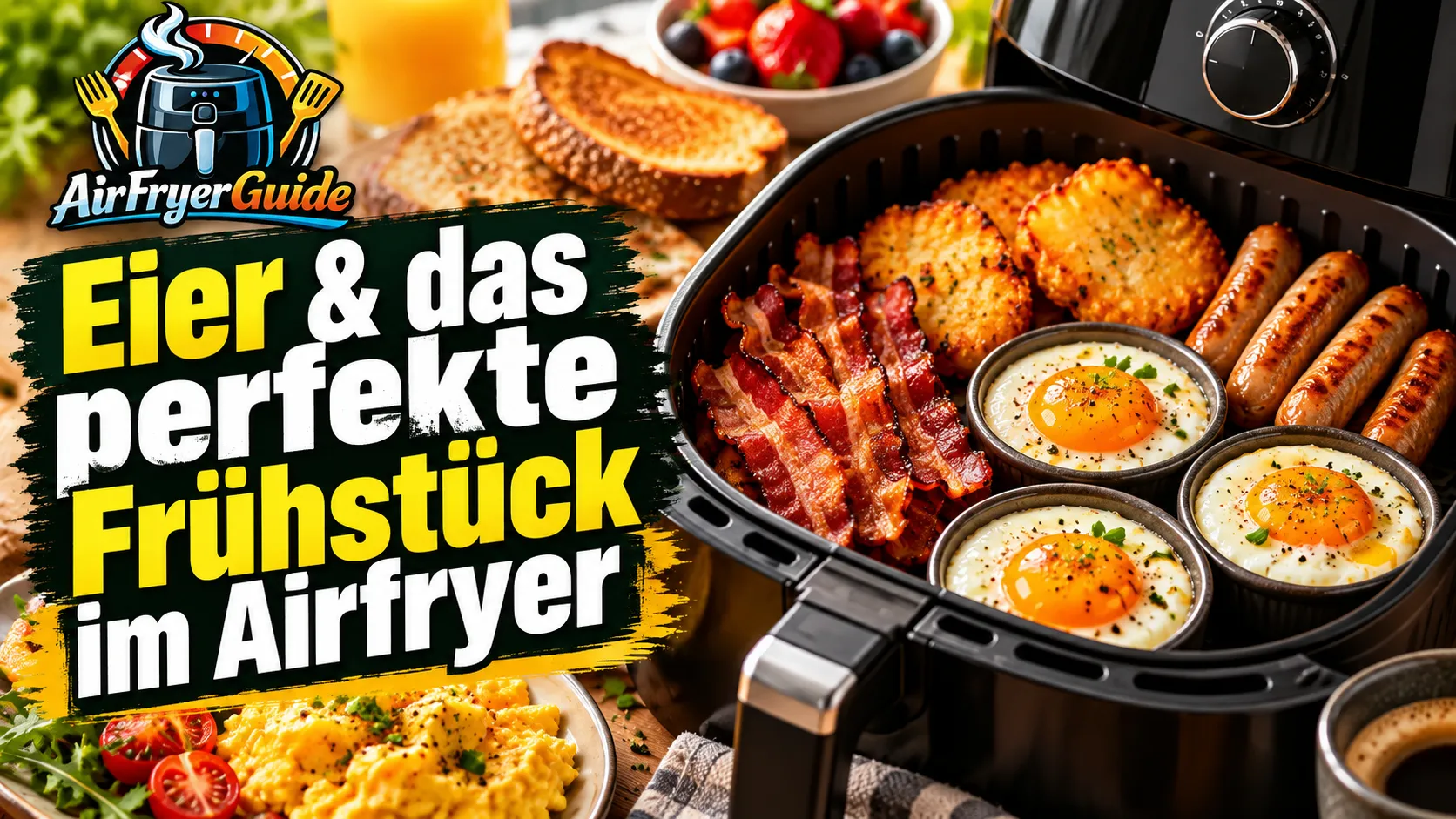 Herzhaftes Airfryer Frühstück mit Spiegeleiern, Rührei, Bacon, Würstchen und Rösti im Korb. So gelingt ein knuspriger und richtig leckerer Start in den Tag.