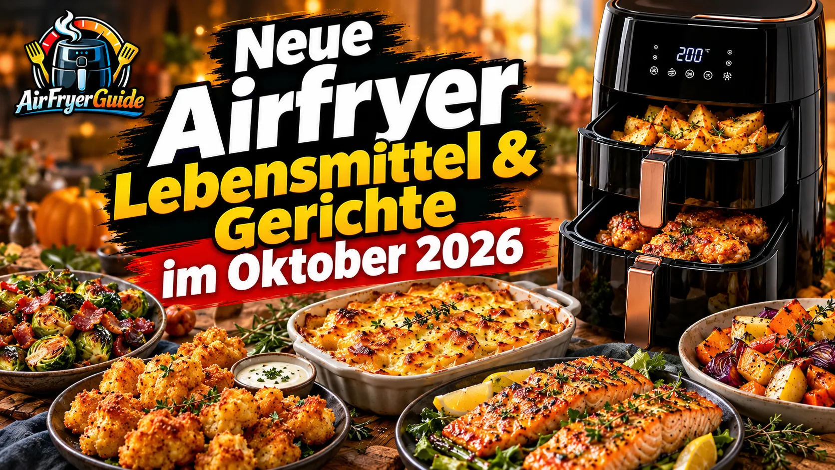 Neue Airfryer Lebensmittel und Gerichte im Oktober 2026 mit herbstlichen Rezeptideen, knusprigen Speisen und modernem Tower Airfryer