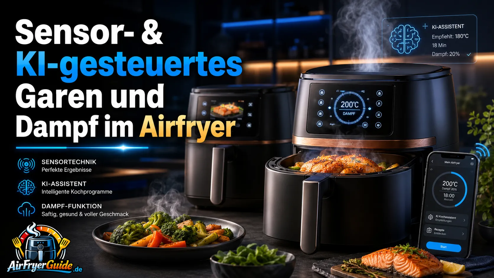 Moderner KI Airfryer mit Kamera, Kerntemperaturfühler, Dampffunktion und digitaler Sensorsteuerung