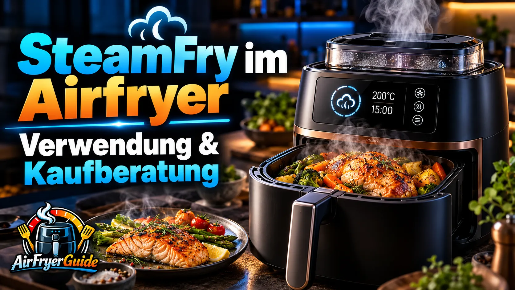 SteamFry im Airfryer zeigt saftiges Hähnchen, knackiges Gemüse und sichtbare Feuchtigkeitszufuhr für außen knusprige und innen saftige Ergebnisse