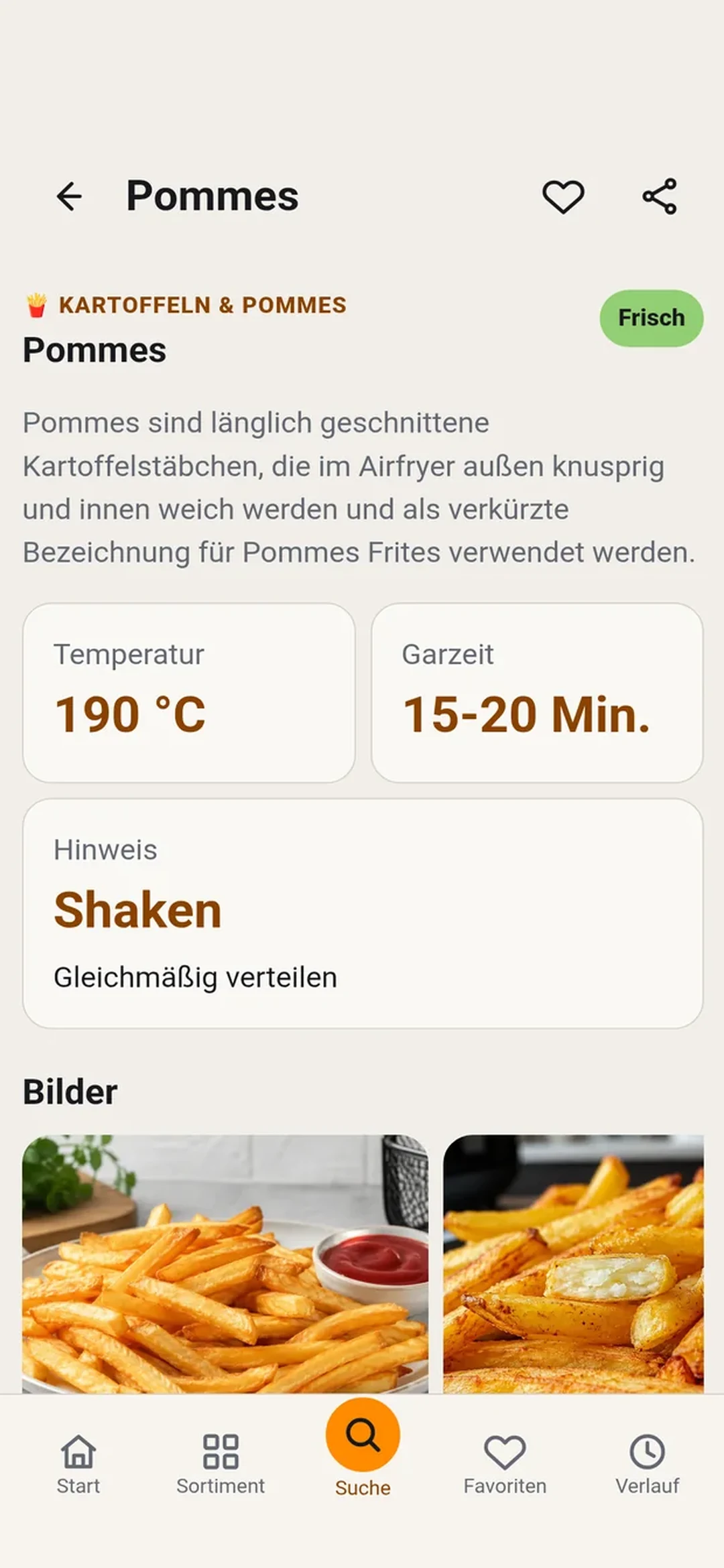 Garzeit, Temperatur und Zubereitungshinweis in der AirfryerGuide Android-App